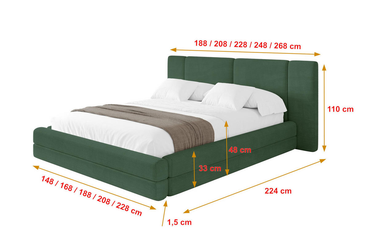 POLSTERBETT mit Bettkasten und Lattenrost, Bett mit Matratze H3/H4 - TEVO 160x200 Grün - Grün, Holzwerkstoff/Textil (160/200cm) - ALTDECOR