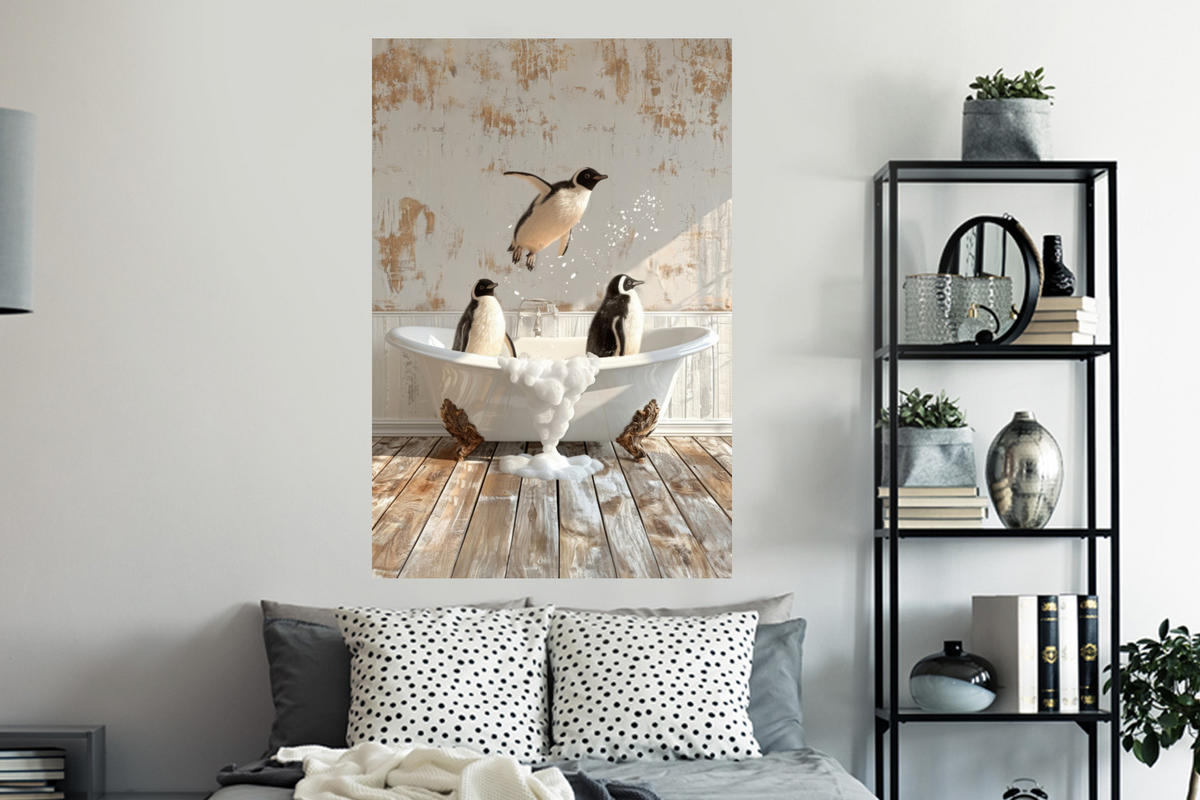 WANDTATTOO Vintage - Pinguin - Badewanne - Schaumstoff 80x120 cm - Schwarz, Kunststoff (80/120/0.1cm) - MuchoWow