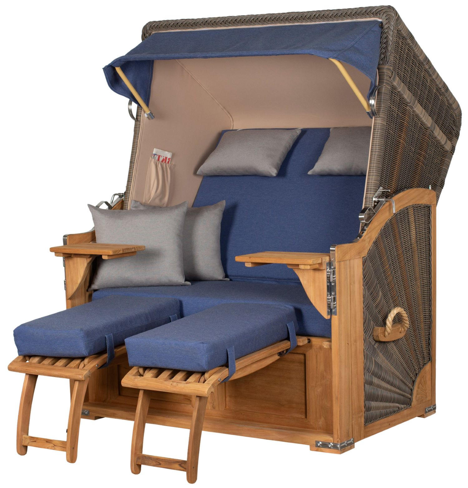 STRANDKORB Komplettset: Schaalsee Teak - PE grau - Modell 595 - Blau/Grau, Holz/Kunststoff (125/170/80cm) - bene living