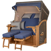 STRANDKORB Komplettset: Schaalsee Teak - PE grau - Modell 595 - Blau/Grau, Holz/Kunststoff (125/170/80cm) - bene living