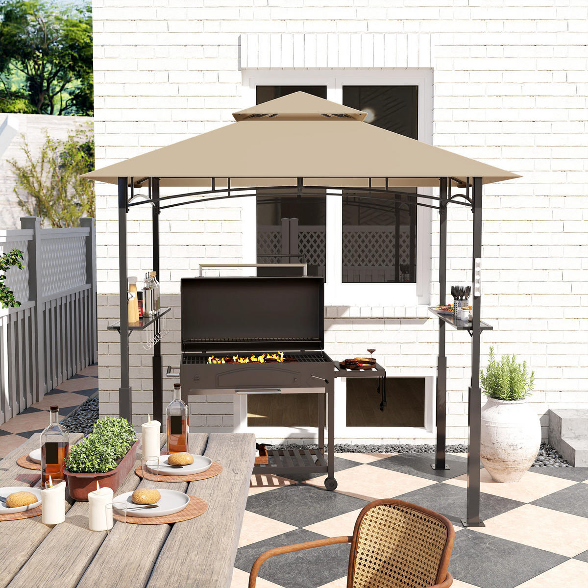 GRILLPAVILLON DE-12666 240/150/250 cm LED, 2 Regale, 8 Haken Kaki - Mokka, Metall (148/248/243cm) - ComfortXL