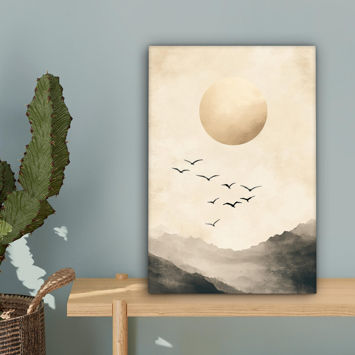 LEINWANDBILD Landschaft - Japandi - Vogel Deko Wohnzimmer 20x30 cm - Beige, Textil (20/30cm) - MuchoWow