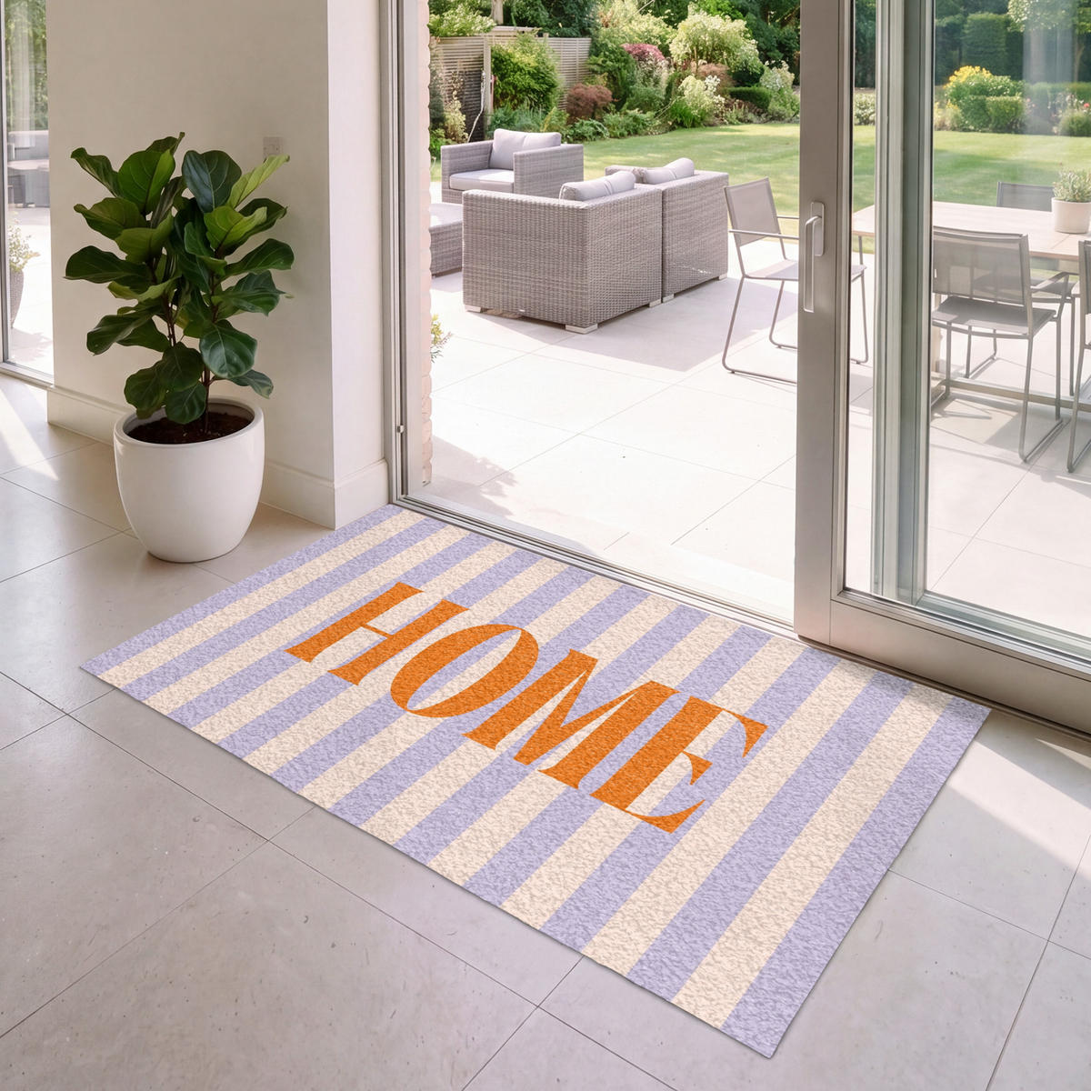 FUSSMATTE Lila – Orange – Streifen – Startseite 150x90 cm - Flieder, Kunststoff (150/0.4cm) - MuchoWow