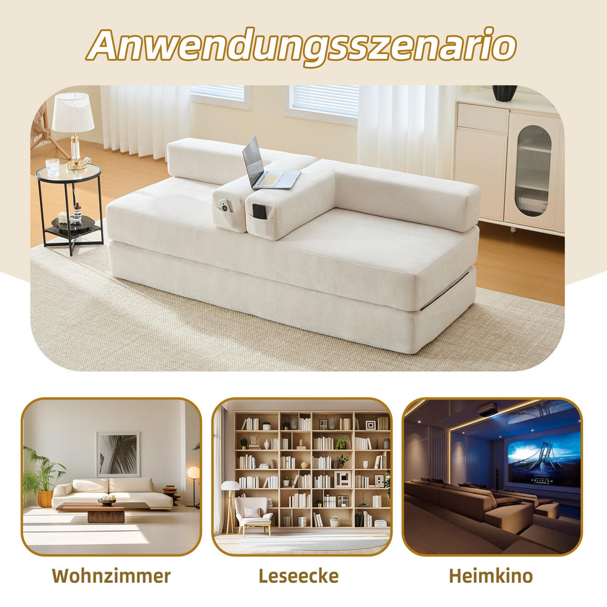 3-SITZER SOFA Chenille Beige mit Seitentaschen, Reißverschluss und rutschfester Unterseite - Beige, Holzwerkstoff/Textil (198/60/79cm) - WISHDOR