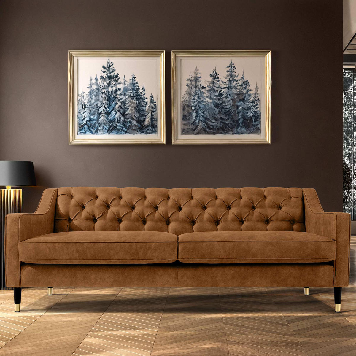 3-SITZER-SOFA NOMUS Velours, gesteppt, Rostbraun - Wengefarben/Dunkelorange, Holz/Holzwerkstoff (192/78/80cm) - KONSIMO®