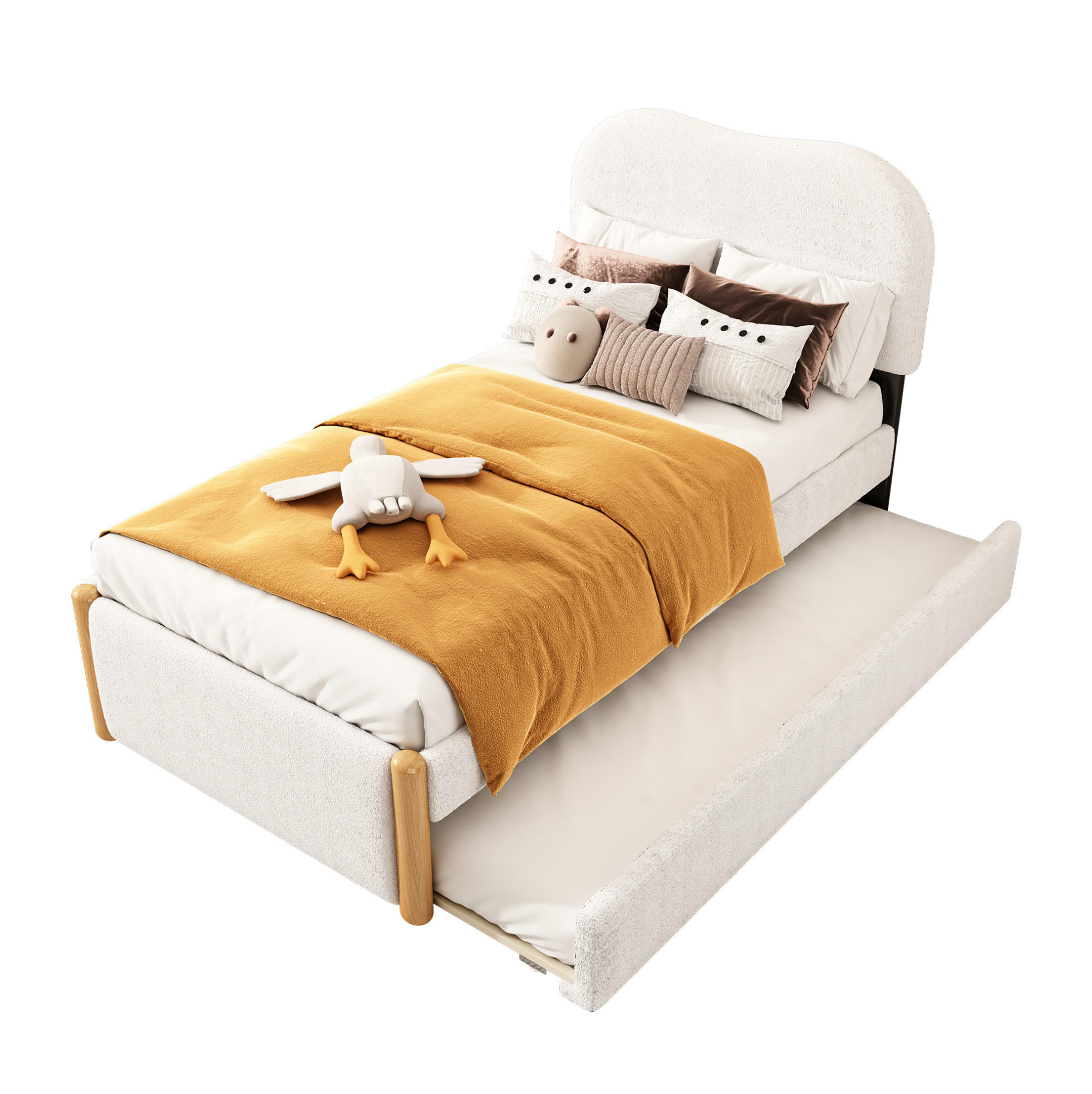 POLSTERBETT 90/200 cm Weiß aus Plüsch mit ausziehbarem Rollbett - Weiß, Textil (90/200cm) - OKMYHOME