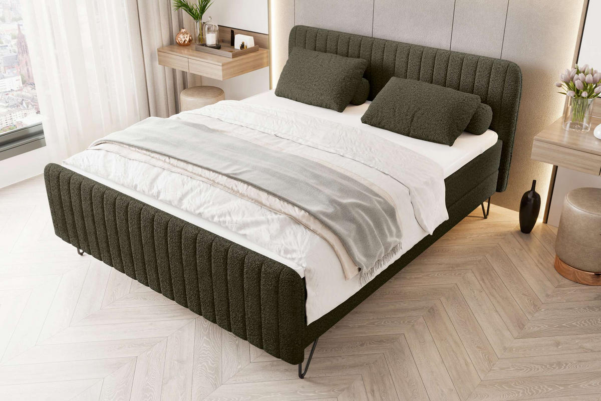 BOXSPRINGBETT LUCIO Bouclé-Stoff Olivgrün 180/200 cm - Schwarz/Olivgrün, Textil/Metall (180/200cm) - 99rooms