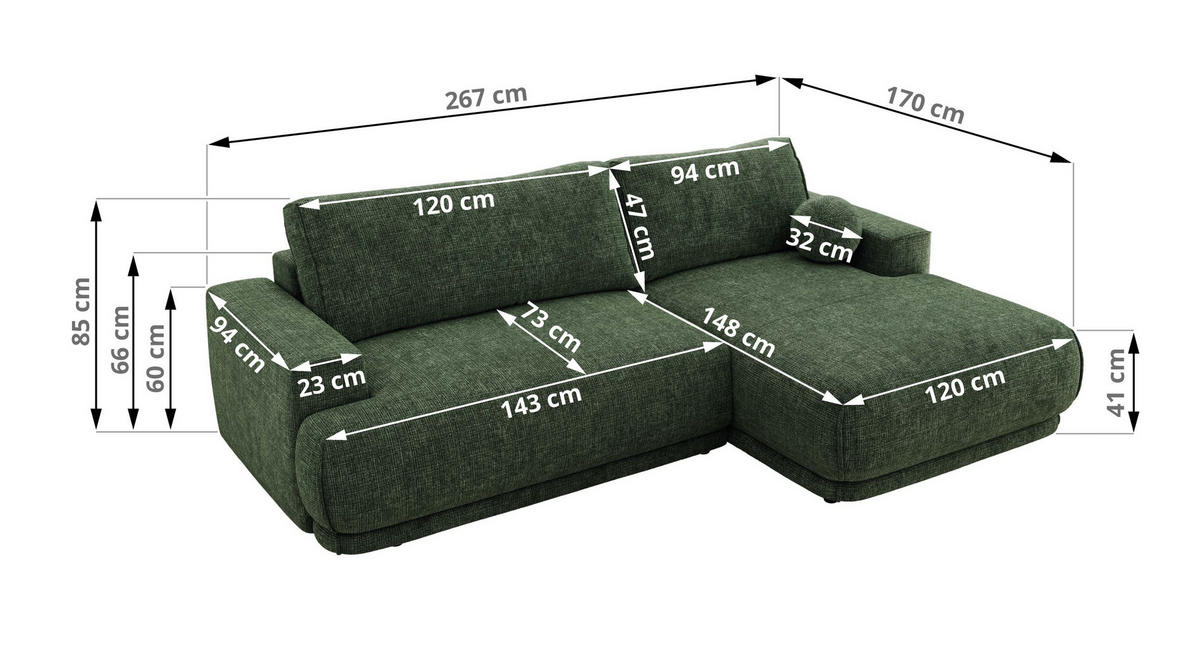 ECKSCHLAFSOFA RINA L Dunkelgrün Schenille grob gewebt - links - Dunkelgrün/Schwarz, Kunststoff/Textil (267/170cm) - MKS