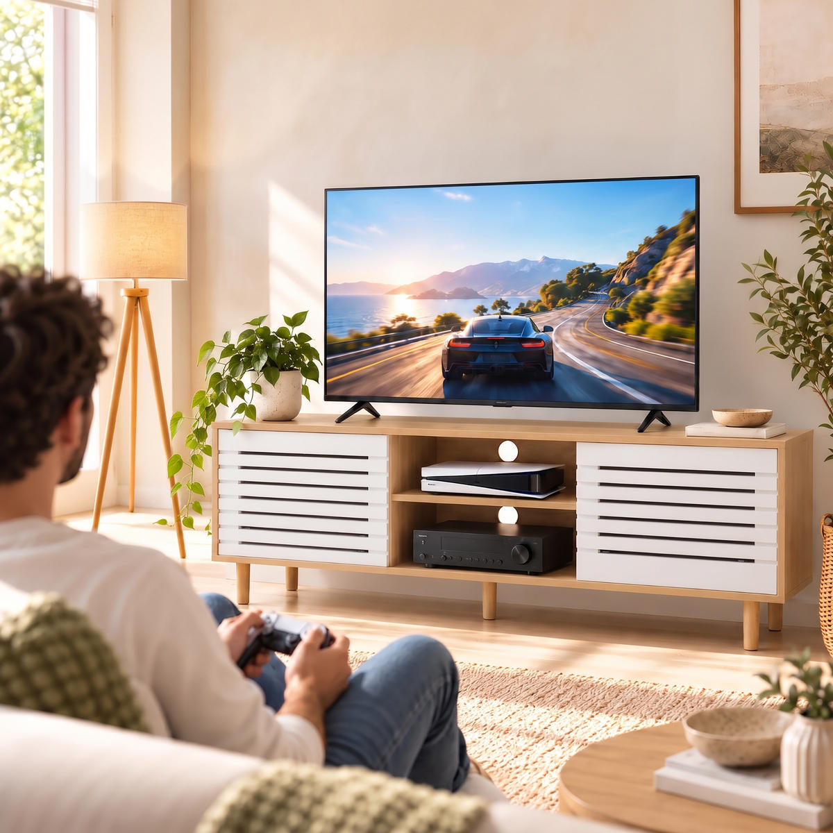 TV-SKŘÍŇKA bílá dřevodekor 2 posuvné dveře 140 cm - světle hnědá, dřevo/kompozitní dřevo (140/49/40cm) - Relaxdays
