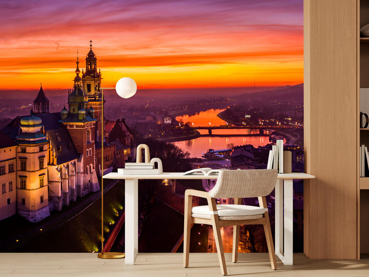 FOTOTAPETE für Wohnzimmer Sonnenuntergang Wawelburg Architektur Stadt 300x210 - Orange, Papier (300/210cm) - Muralo