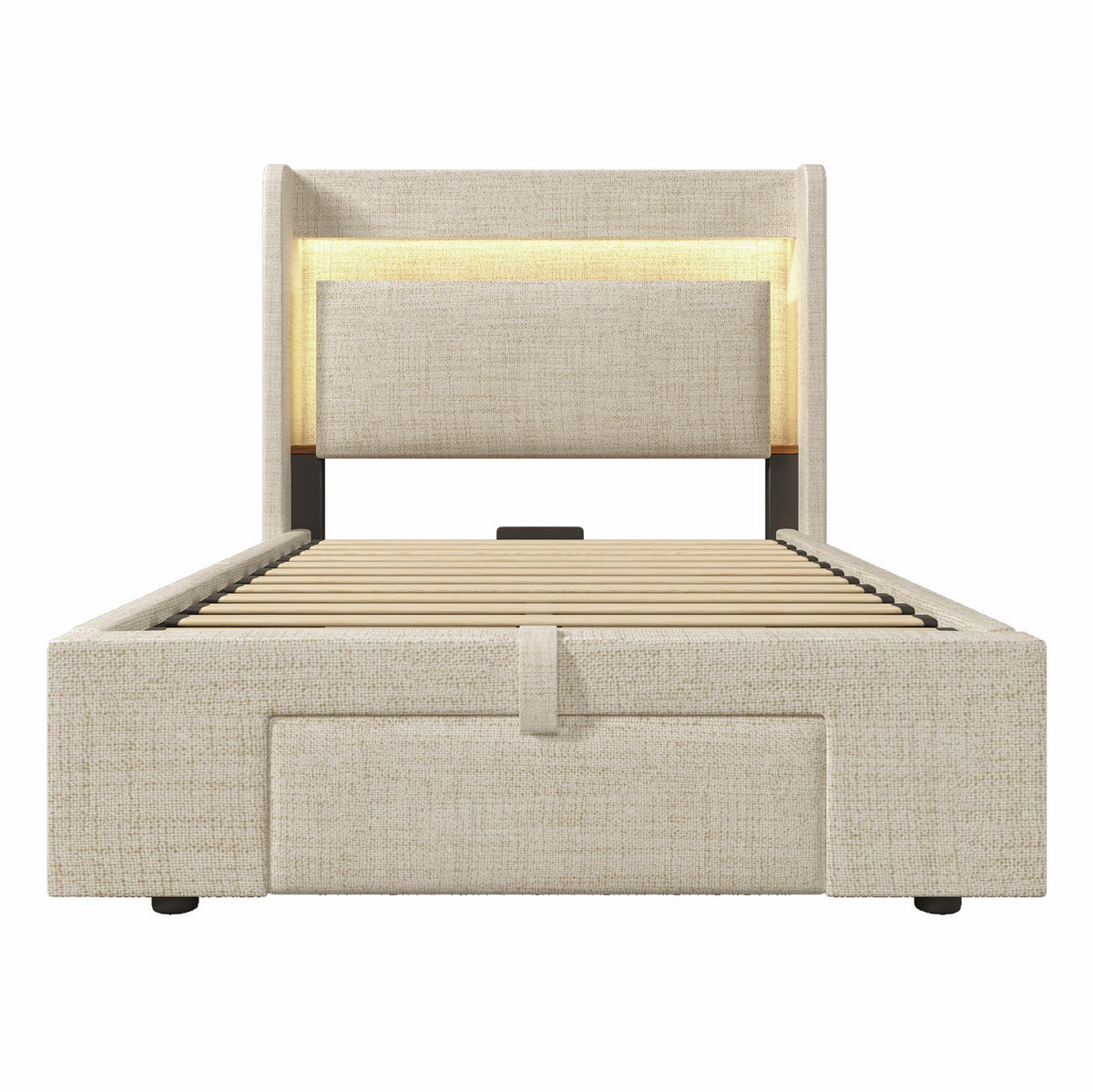 POLSTERBETT 90/200 cm beige aus Leinen mit LED Kopfteil USB und Stauraum - Beige, Textil (90/200cm) - OKWISH