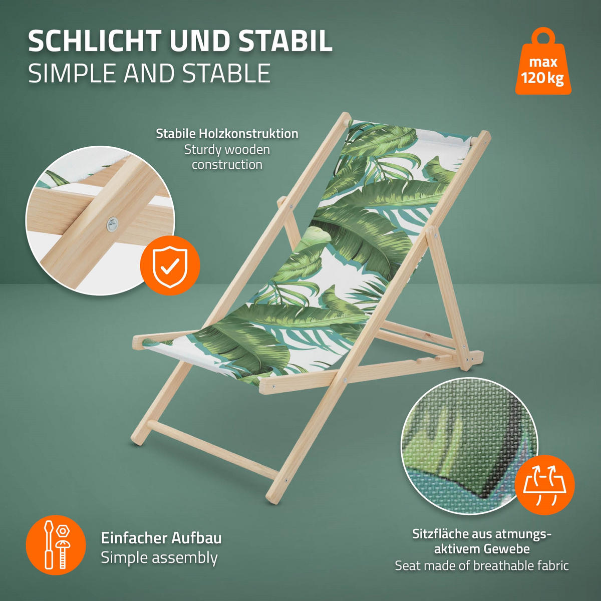 LIEGESTUHL Tropical Grün-Weiß - Dunkelgrün, Holz (57.5/83/100cm) - ECD-Germany