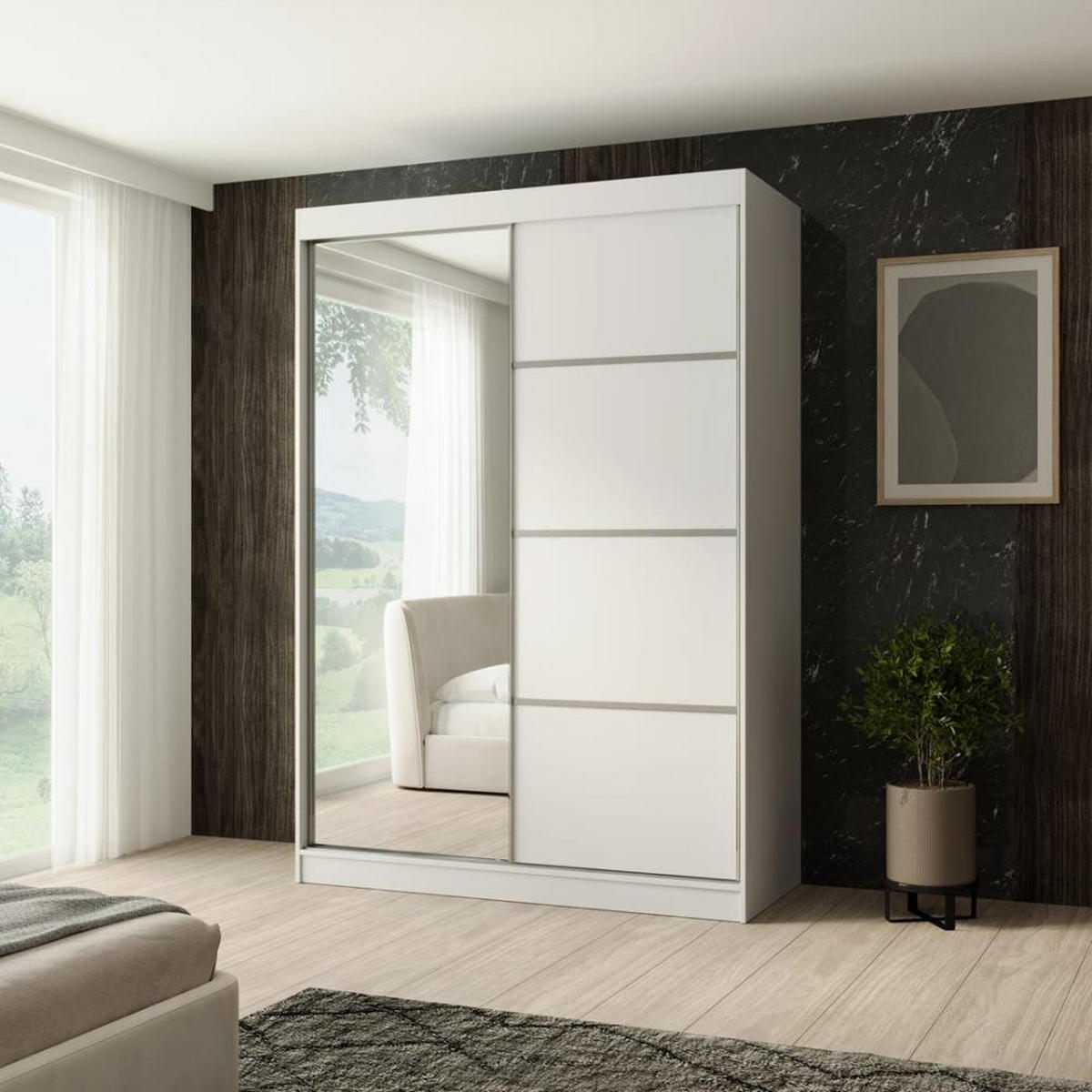 SCHWEBETÜRENSCHRANK Paco 150/215/61 2-türig weiß mit Spiegel - Weiß, Holzwerkstoff (150/215/61cm) - Beautysofa