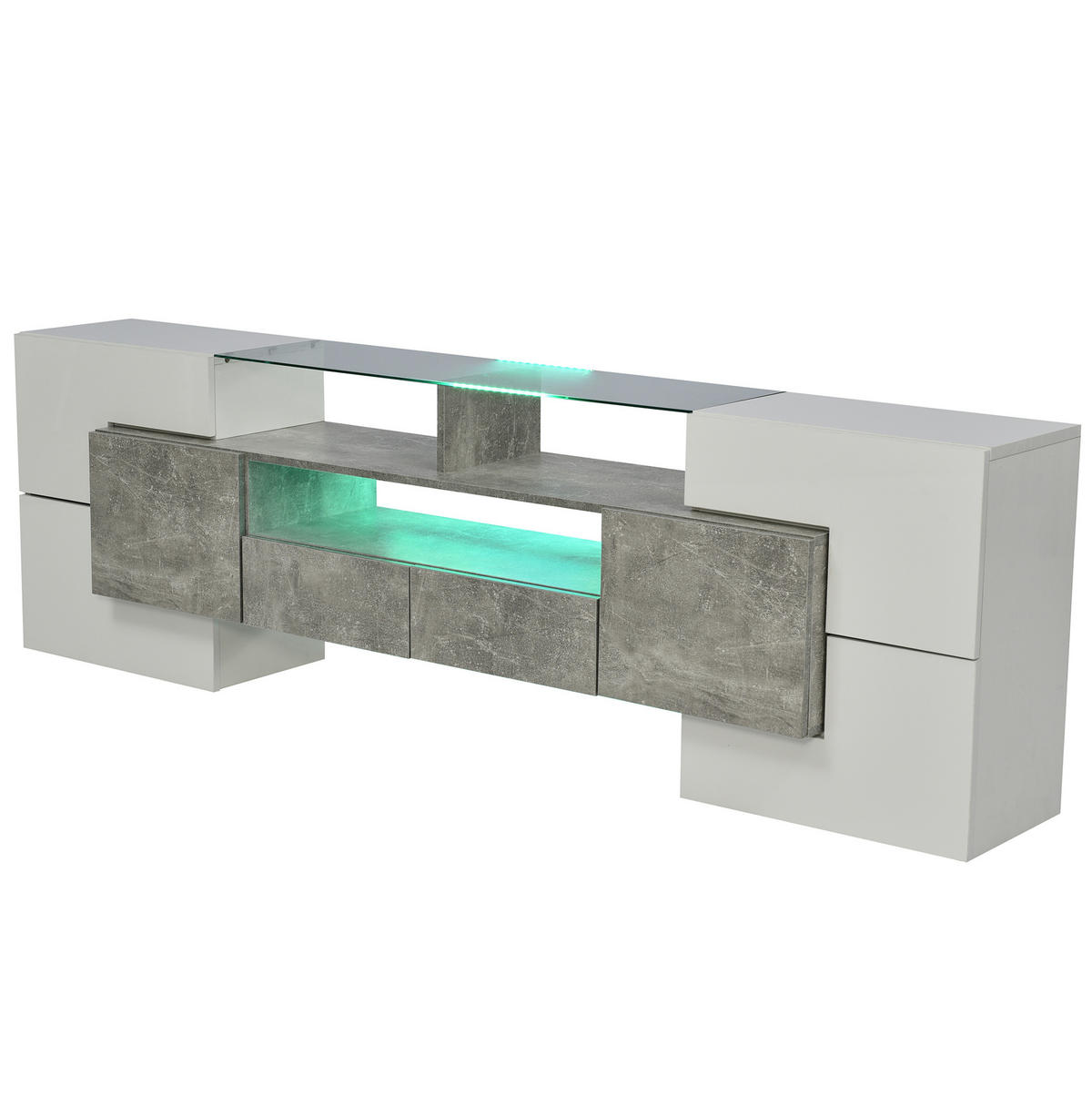 TV stolek 200/35/60 cm s LED osvětlením, lesklým povrchem a prostorným úložným prostorem, Šedá - bílá/šedá, kompozitní dřevo (200/60/35cm) - Redom