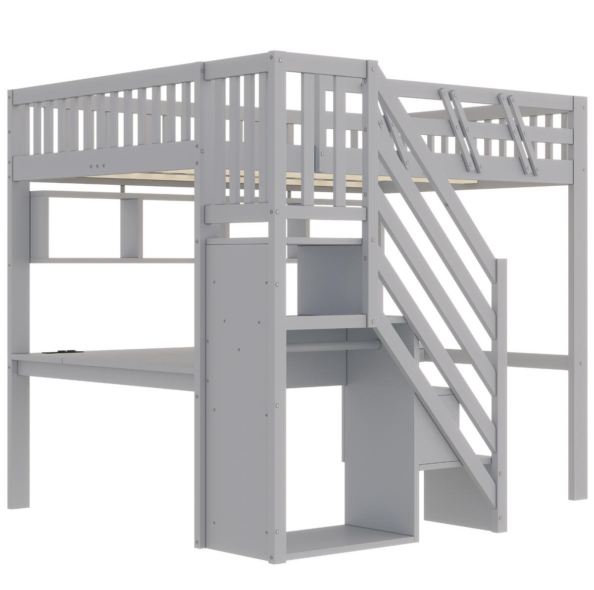 HOCHBETT 140x200 cm Grau mit Schreibtisch, Stauraumtreppe, LED-Beleuchtung und Steckdosen - Grau, Holz (140/200cm) - IVMEU