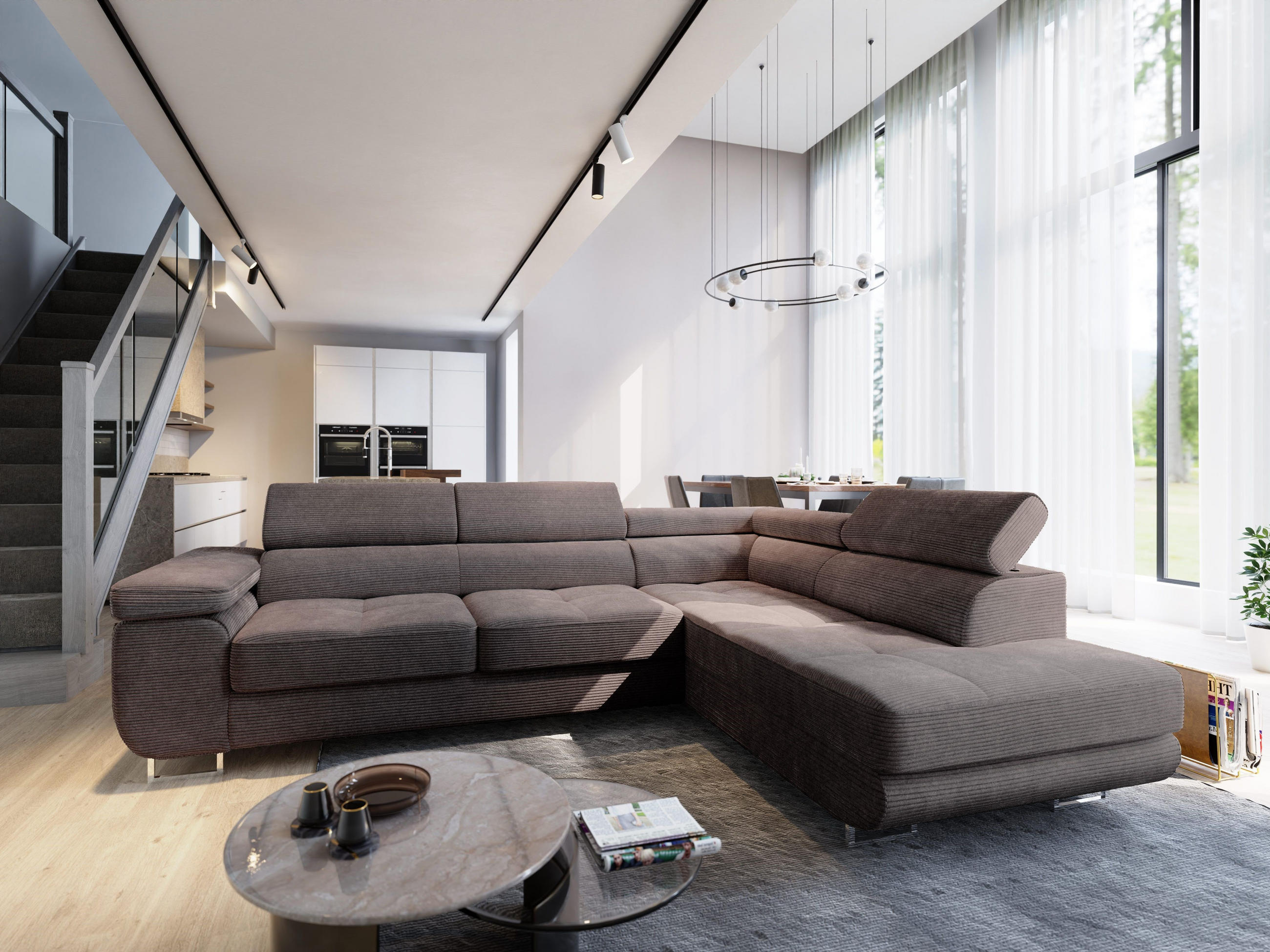 ECKSOFA APIRO R-S Braun Kordstoff mit Schlaffunktion - Braun, Holz (276/202cm) - MASSENO