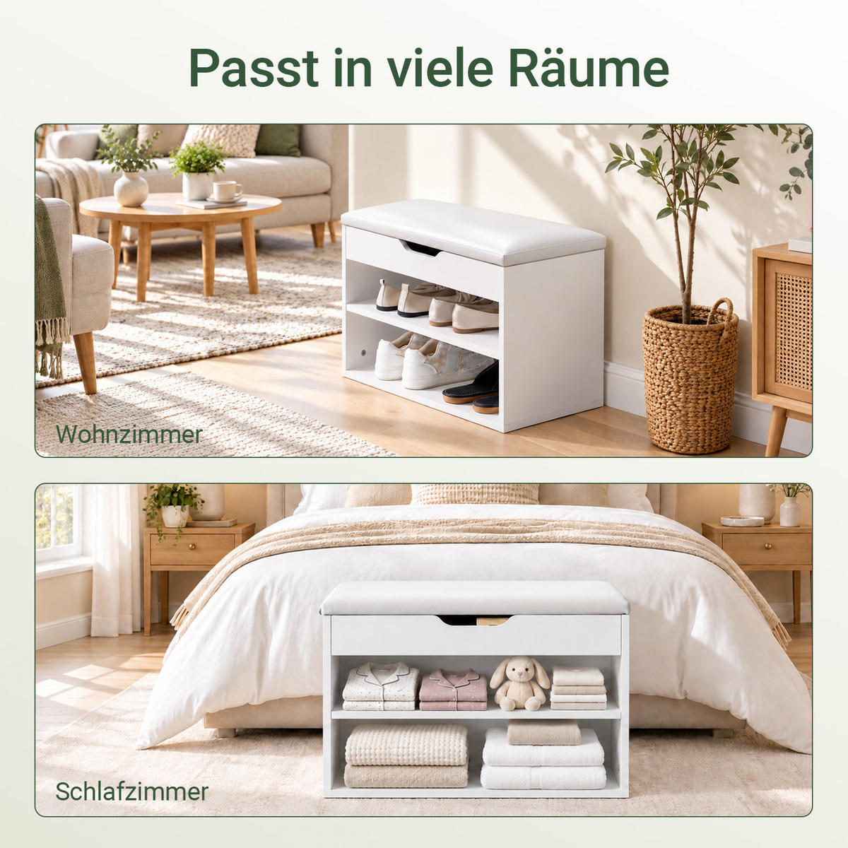 SCHUHBANK weiß, 60 cm breit, PU-Sitzpolster, 2 offene Böden für 6 Paar, bis 120 kg, Staufach unter der Sitzfläche - Weiß, Holzwerkstoff (60/44/30cm) - SoBuy