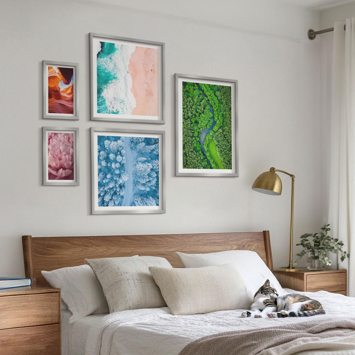 WANDBILDER 5er Set - 50x50 cm & 20x30 cm & 40x60 cm Silberner Rahmen - Pferde, Bewegung, Strand, Leuchtturm, Berge - Silberfarben, Kunststoff (40/60cm) - ArtPrintCave