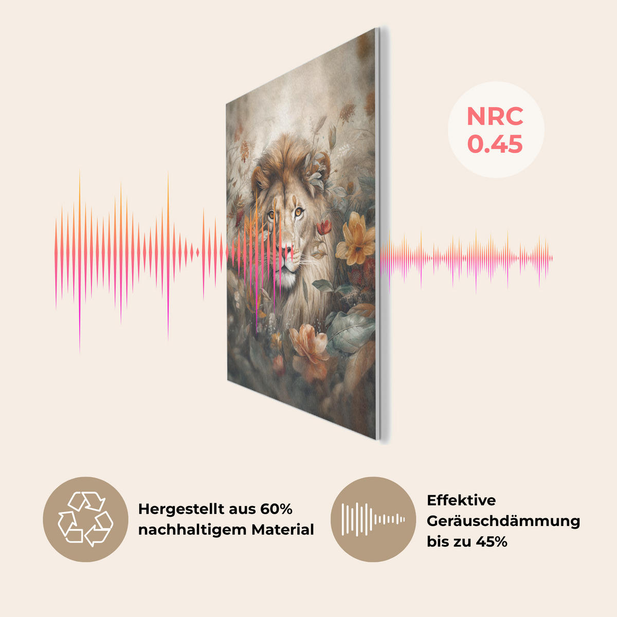 AKUSTIKPANEEL Löwe - Wildtiere - Pflanzen - Natur - Blumen 60x80 cm - Beige, Textil (60/0.9/80cm) - MuchoWow