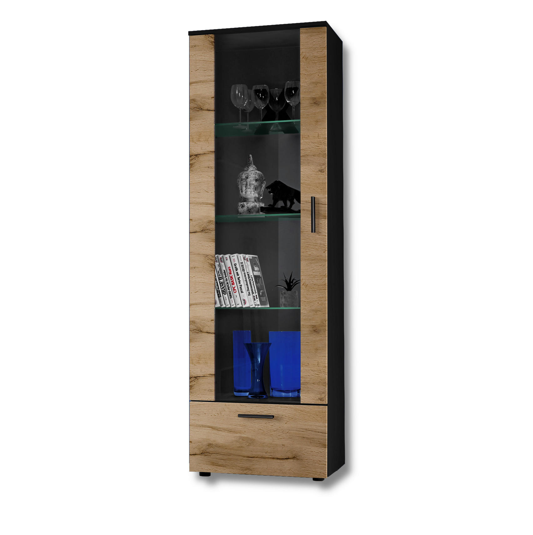 Komodee Vitrine Schwarz, Eiche Wotan 60x192x42 cm