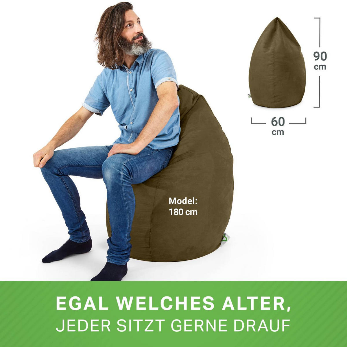 SITZSACK "Drop" 60x60x90cm - 220L - Olivgrün, Textil (60/90/60cm) - Green Bean