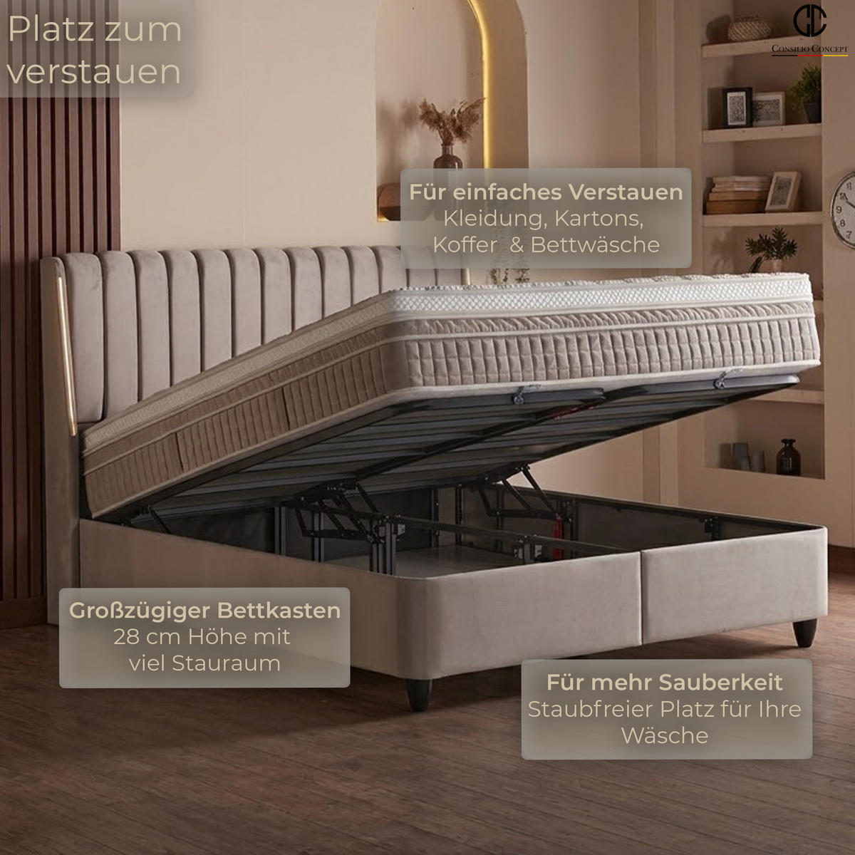 BOXSPRINGBETT MIT BETTKASTEN BRISE 180/200 cm, Greige, Bettkasten, Matratze, Topper integriert, H3 mittel 7-Zonen Matratze - Greige/Schwarz, Holz/Kunststoff (180/200cm) - Consilio Concept