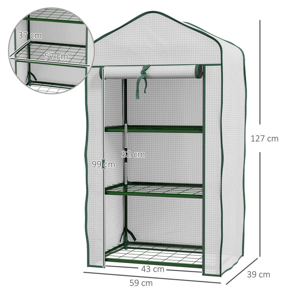 GEWÄCHSHAUS DE-11960 mit 3 Etagen & Reißverschlusstür Weiß - Weiß, Kunststoff (39/127/59cm) - ComfortXL