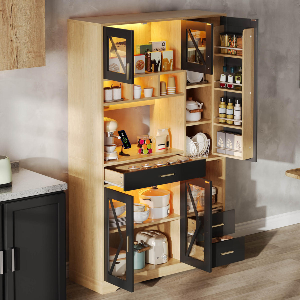 BUFFET 105/39/185 cm Schwarz mit farbwechselnder LED-Beleuchtung und 2 Schublade - Naturfarben, Holz (105/185/40cm) - Oxeza