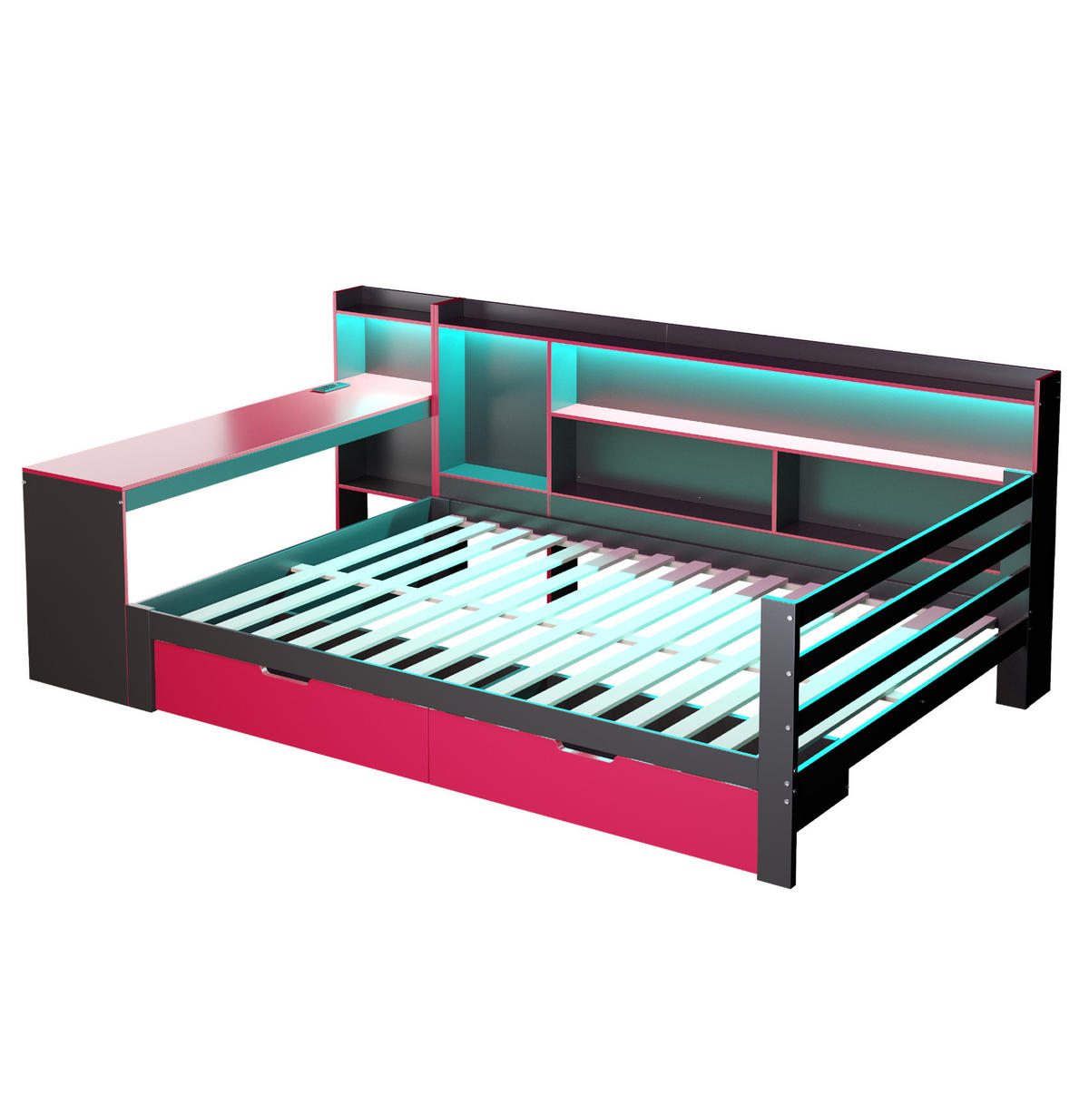 MULTIFUNKČNÁ posteľ 140/200 cm čierna s červenou z dreva s písacím stolom policami zásuvkami LED osvetlením a USB - čierna, kompozitné drevo (140/200cm) - OKWISH
