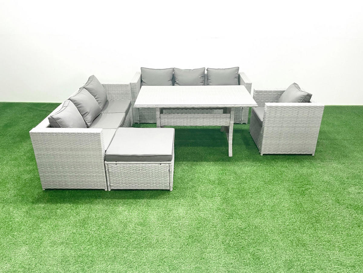 GARTENMÖBEL SET mit 3-Sitzer-Sofa und Sessel, Esstisch,Großer Fußhocker Polyrattan Hellgrau 8-Sitzer - Hellgrau/Grau, Glas/Kunststoff - Fimous