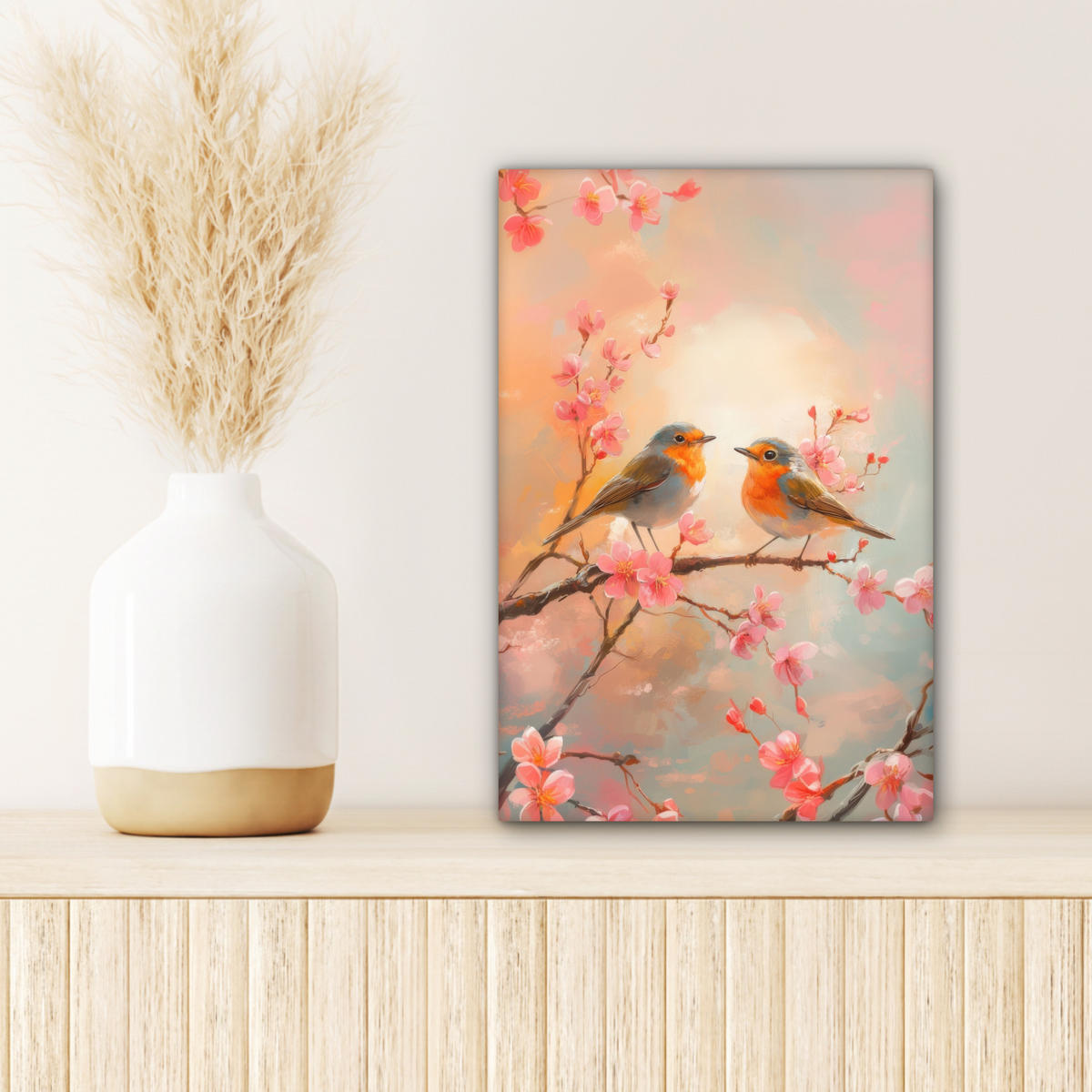 LEINWANDBILD Rotkehlchen - Zierpflanze - Blütenzweig Deko Wohnzimmer 20x30 cm - Hellrosa, Textil (20/30cm) - MuchoWow