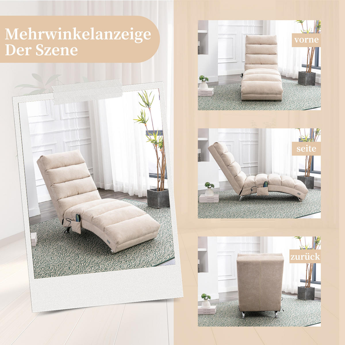 LIEGESOFA Entspannungsliege – mit Ganzkörperunterstützung, Vibrationsfunktion & Seitentaschen, modern, für Wohnzimmer, Büro & Schlafzimmer - Beige, Textil (55/84/148cm) - Ej. Life