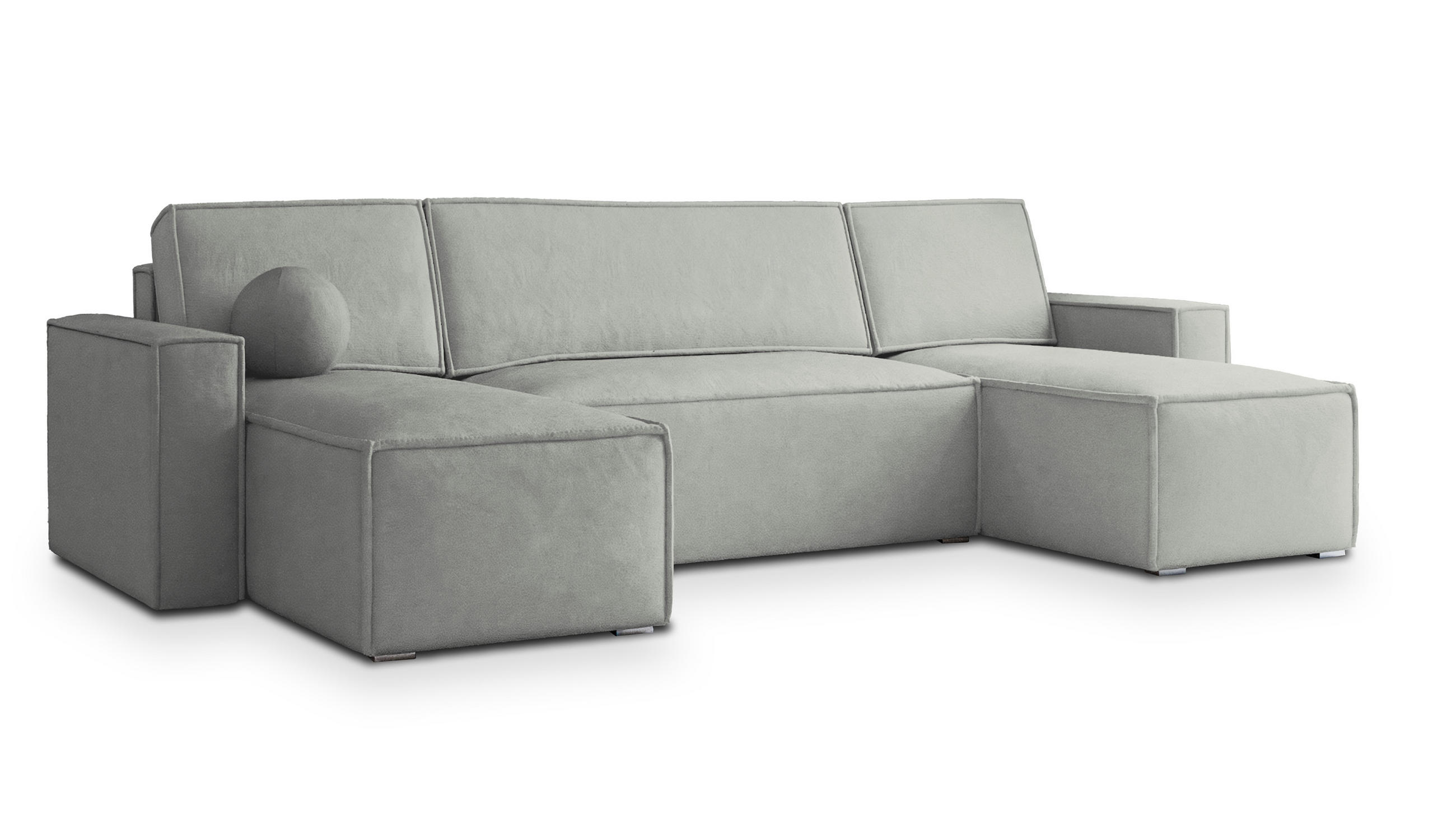WOHNLANDSCHAFT PESANO M Hellgrau Velours-Stoff mit Schlaffunktion - Hellgrau, Holz (306/85/140cm) - MASSENO
