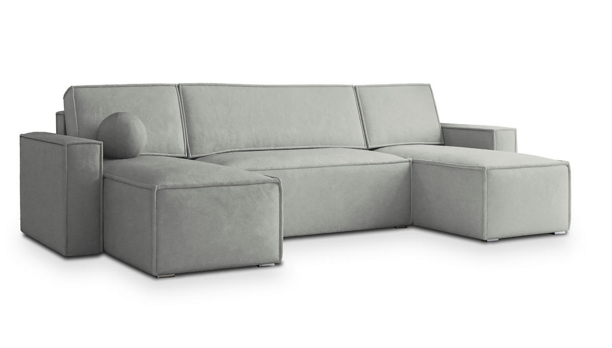 WOHNLANDSCHAFT PESANO M Hellgrau Velours-Stoff mit Schlaffunktion - Hellgrau, Holz (306/85/140cm) - MASSENO