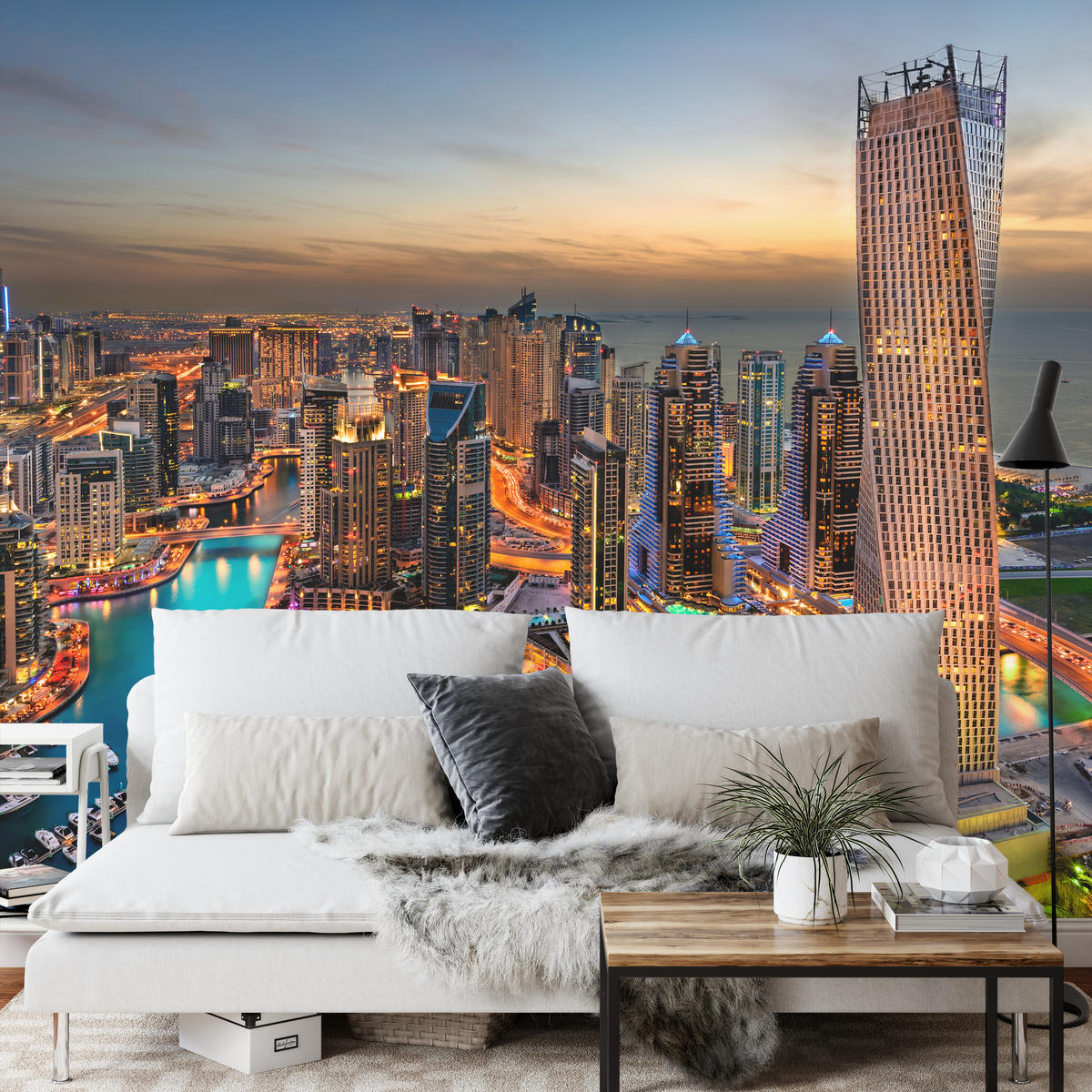 FOTOTAPETA Pre Kanceláriu Mrakodrapy Dubai Marina Prístav Svetlá Moderná 250 x 175 cm - oranžová/hnedá, papier (250/175cm) - Muralo