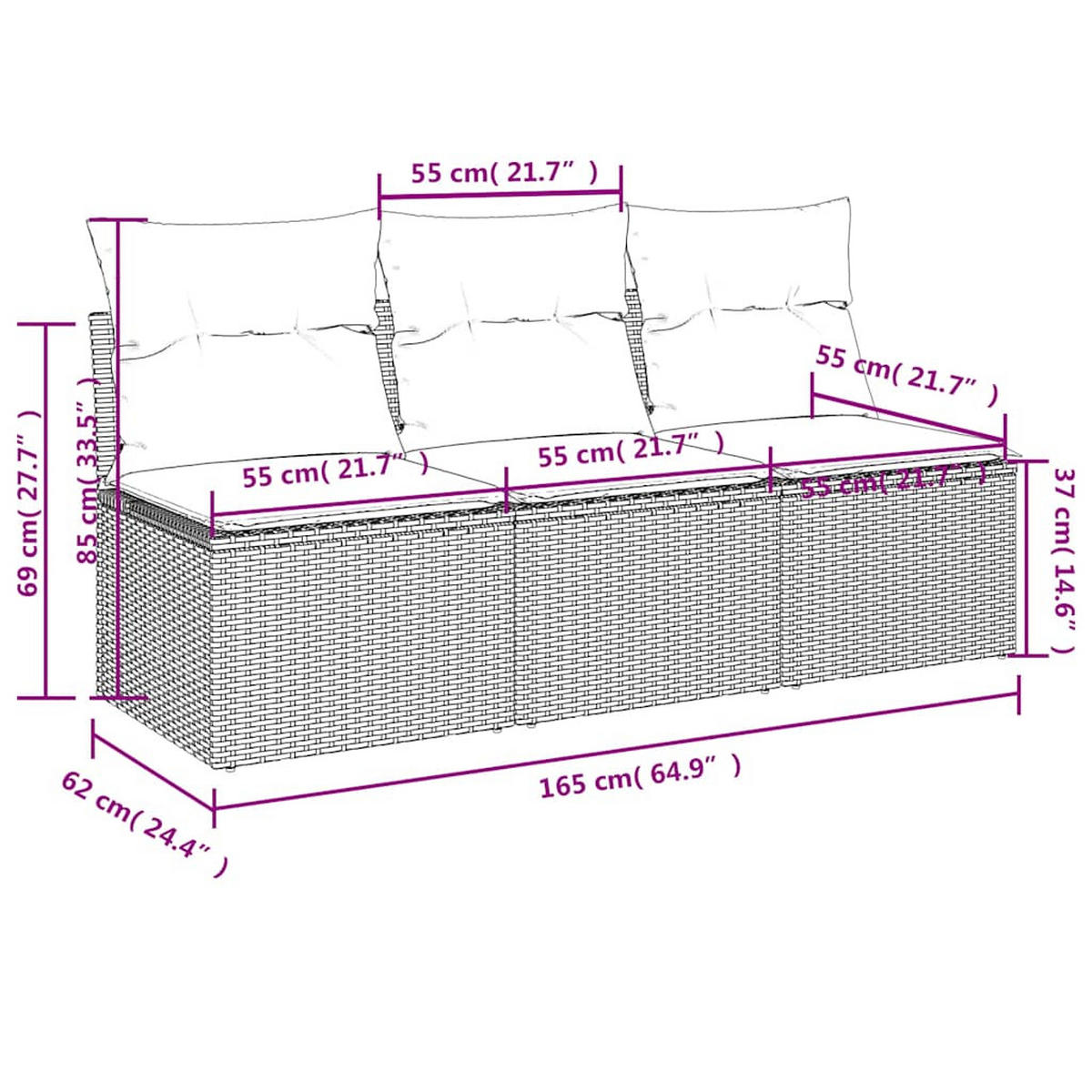 GARTENSOFA Mit Kissen 3-Sitzer Schwarz Poly Rattan - Schwarz, Kunststoff (165/69/62cm) - vidaXL