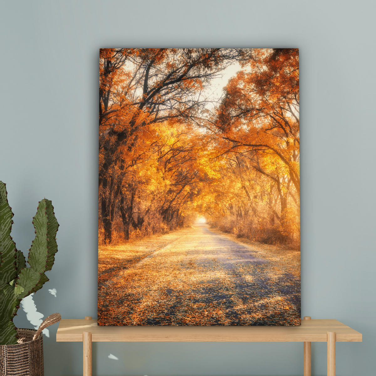 LEINWANDBILD Wald - Herbst - Bäume - Waldweg - Natur 60x80 cm - Bernsteinfarben, Textil (60/80cm) - MuchoWow