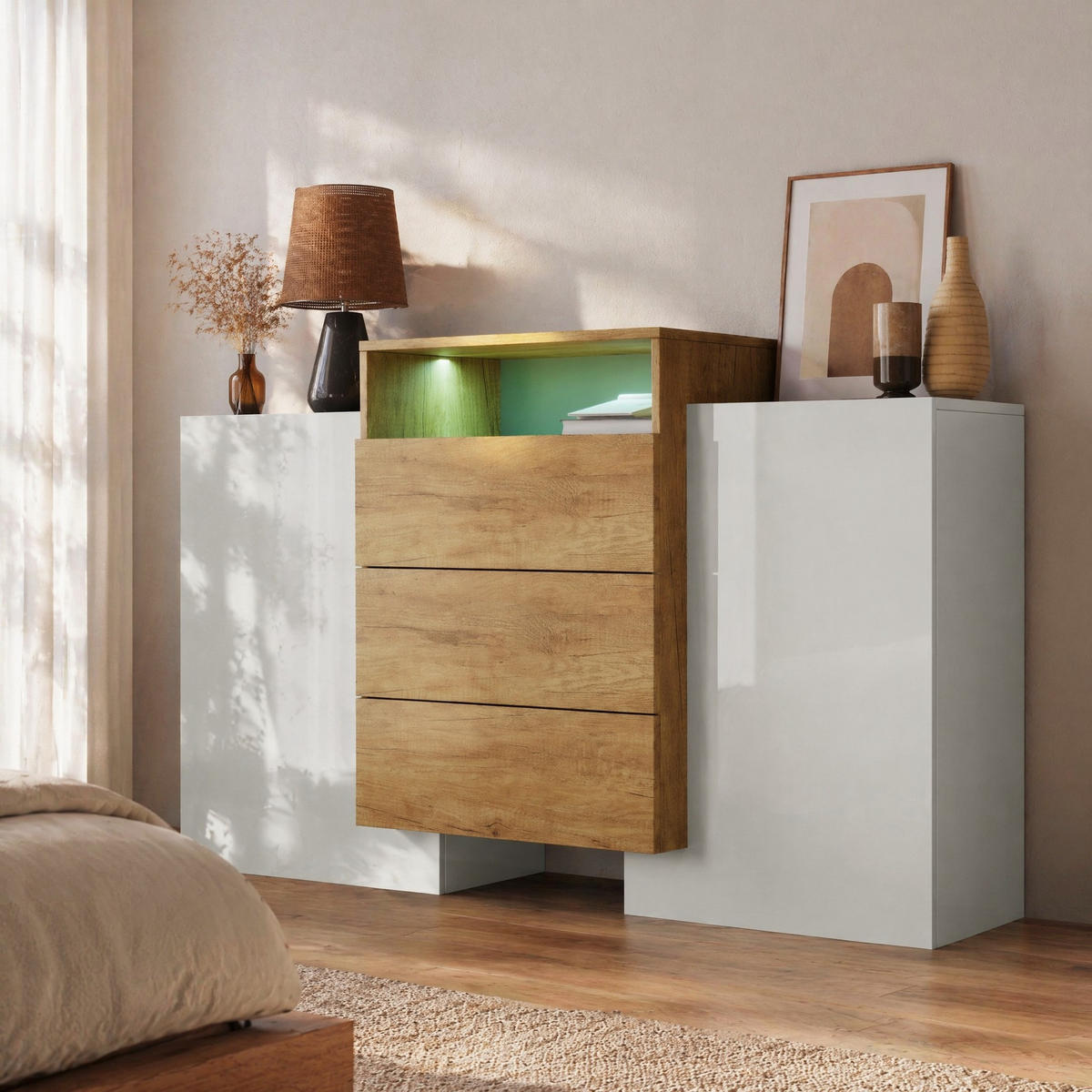 SIDEBOARD in Weiß Kommode mit LED-Lichteffekte für Wohnzimmer und Schlafzimmer, B140/T30/H77.5 cm - Weiß/Naturfarben, Holzwerkstoff/Metall (140/90.5/30cm) - STILVORA