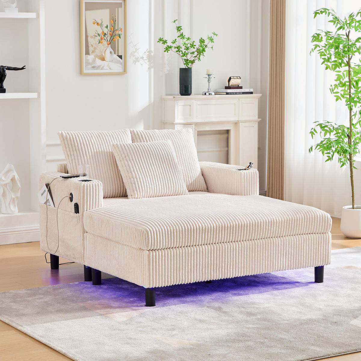 CHAISELONGUE Cord Beige mit USB, LED und Getränkehalter - Beige, Holzwerkstoff/Kunststoff (128/85/142cm) - WISHDOR