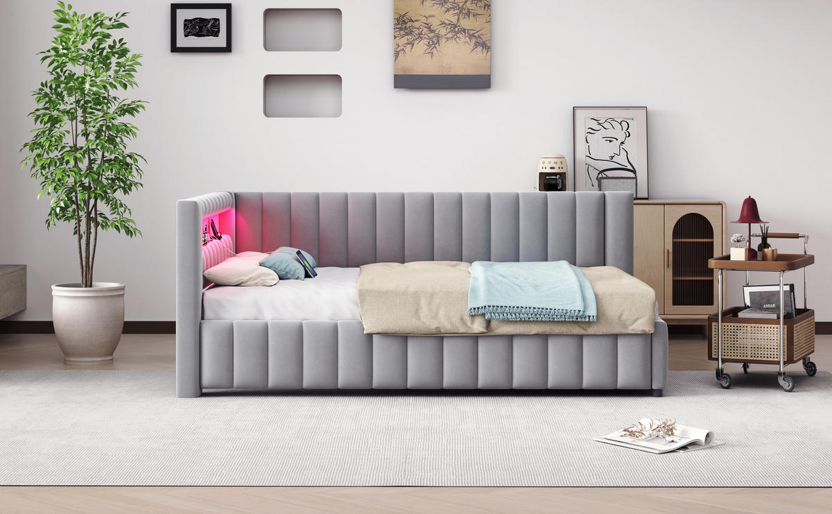 POLSTERBETT 140x200 cm LED USB grau - Grau, Textil (140/200cm) - LEBENLANG