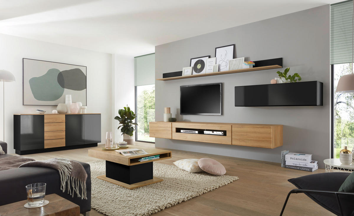 WOHNWAND schwarz Hochglanz, Grandson Eiche, Anbauwand 340 cm - Schwarz Hochglanz/Eichefarben, Holzwerkstoff (340/200/48cm) - Furn.Design