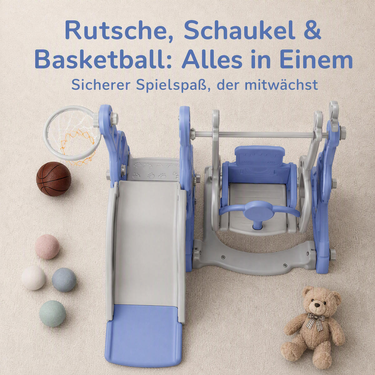 KINDERRUTSCHE 4 in 1 Indoor und Outdoor Babyrutsche mit Basketballkorb, Blau - Blau, Kunststoff (118/102/140cm) - GENKI LIVING