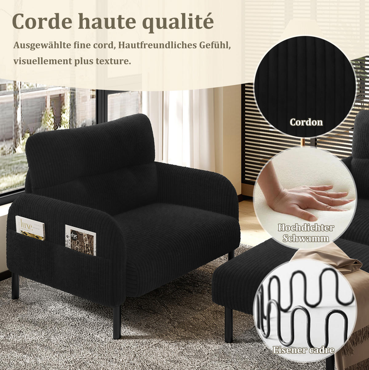 SOFA-SET 3er-Set mit Seitentasche Cord Schwarz - Schwarz, Textil (120/79/75cm) - IVMEU