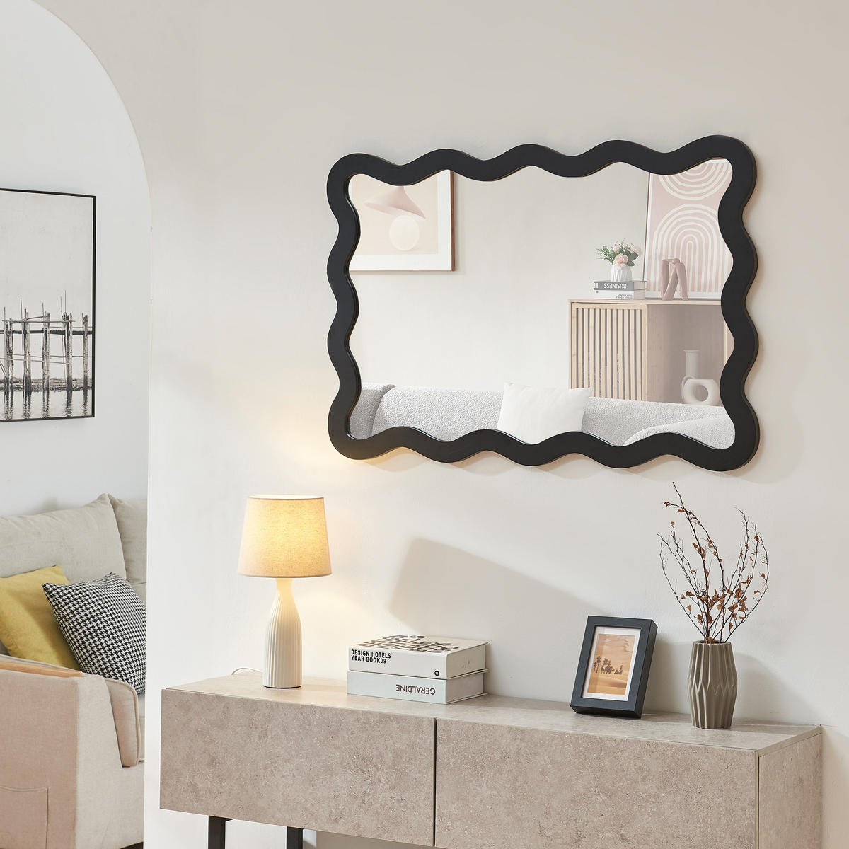 NÁSTĚNNÉ ZRCADLO Koster - černá, kompozitní dřevo/sklo (60/90/60cm) - [en.casa]