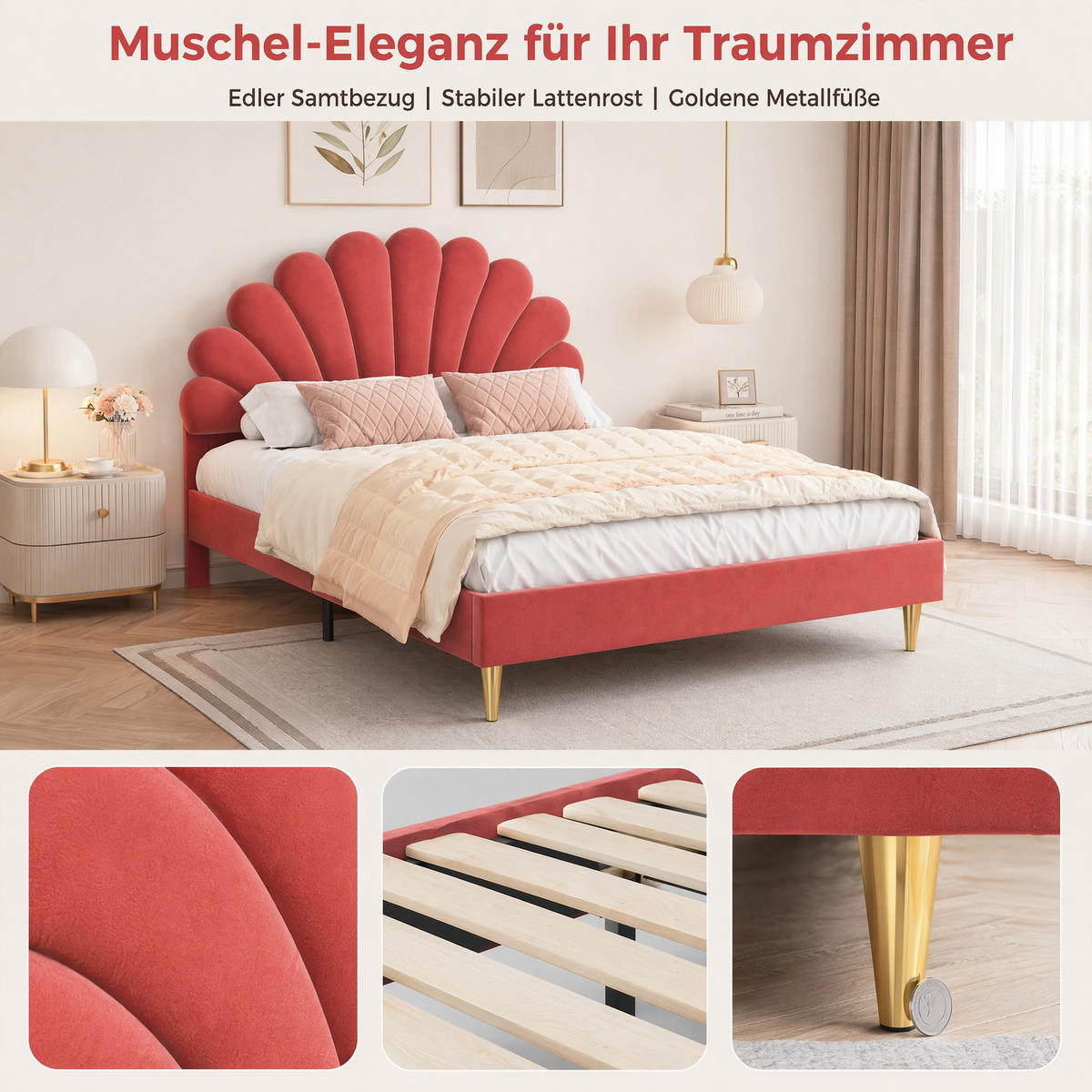 POLSTERBETT 140 x 200, Kinderbett mit Lattenrost, Blütenblattförmiges Kopfteil, Samt, rot - Rot, Holzwerkstoff/Textil (140/200cm) - GENKI LIVING
