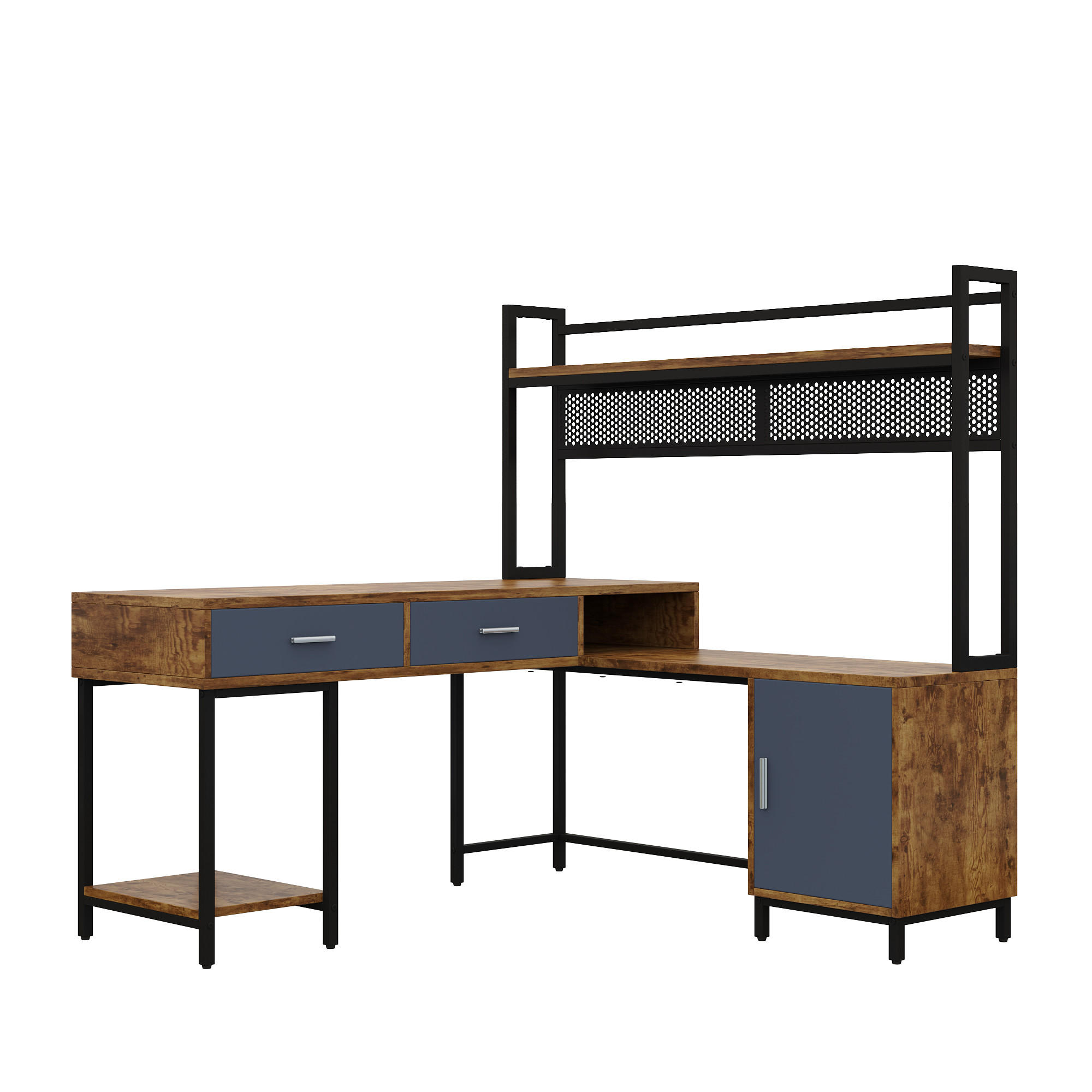 ECKSCHREIBTISCH Schwarz und Naturholzfarben 140/140/135 cm mit Schubladen und Regal - Schwarz, Holzwerkstoff (140/140/135cm) - PANGIVO