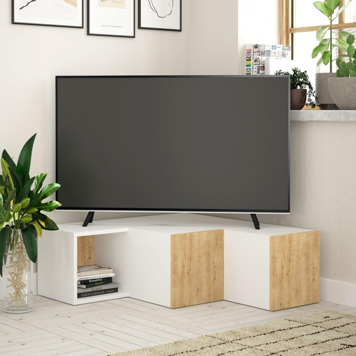 ECK-TV-MÖBEL mit 2 Schubladen und 1 Nische L90 cm - Compact - Eichefarben, Holzwerkstoff (92/32/90cm) - Calicosy