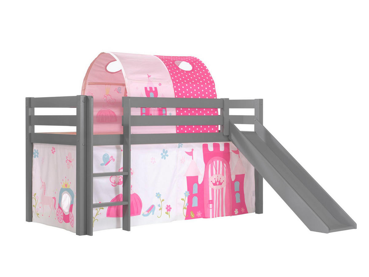 HOCHBETT mit Rutsche Karolina Massivholz Grau Textilset Princess 2 - Magenta/Grau, Holz (90/200cm) - 58aufmkessel