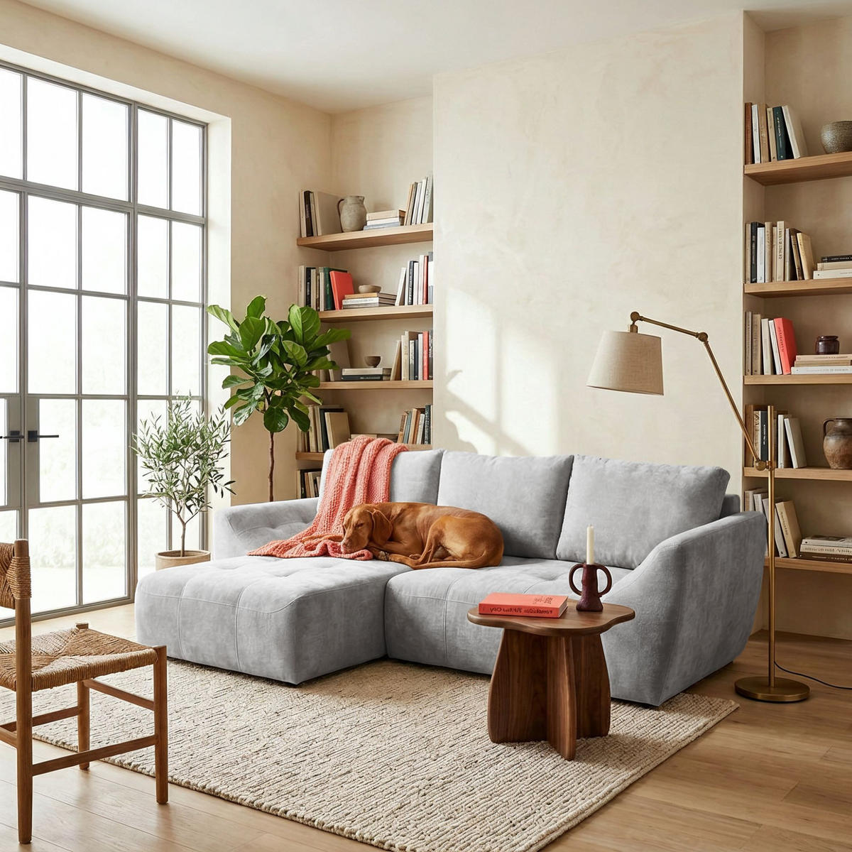 ECKSOFA NICE L Links mit Schlaffunktion 137x204 Chenille Hellgrau - Hellgrau/Schwarz, Holz/Textil (260/165cm) - Muffo