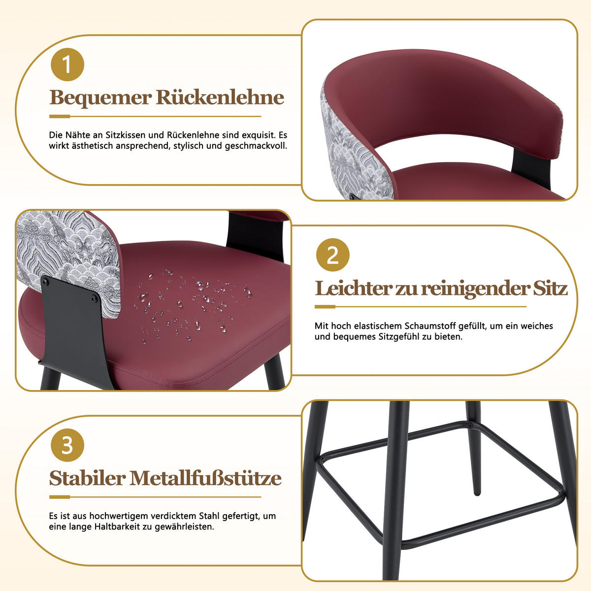 BARHOCKER DE-36674 2er Set mit PU-Bezug und Metallgestell Rot - Rot, Metall (47/94.5/46cm) - ComfortXL